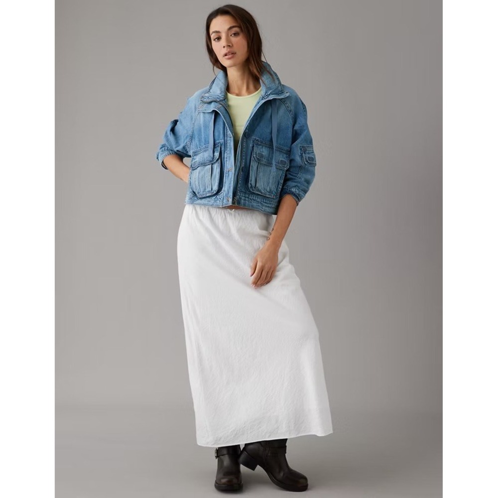 American Eagle Denim Jacket Womens S Dreamy Drape Stretch Cargo Cropped Utility